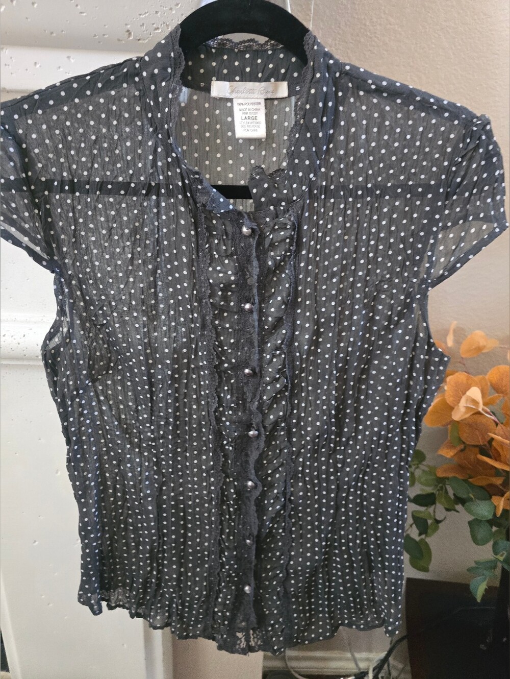Polka Dot Ruffle Front Short Sleeve Sheer Blouse - Gray Sz.L